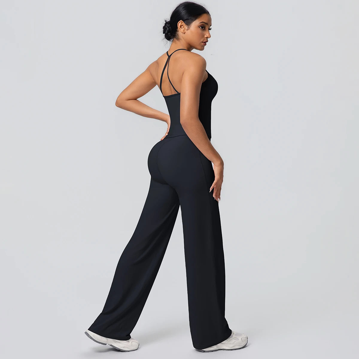 2Pieces Solid Color Gym Sports Yoga Set for Women Sexy Beautiful Back Strap Vest Workout Top Breathable Wide Leg Pants Yoga Suit