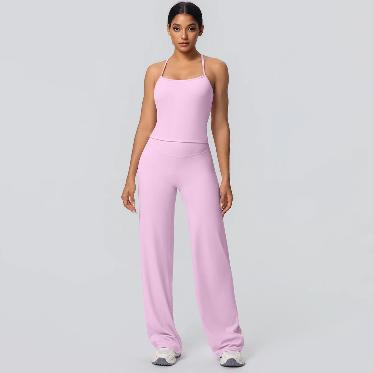 2Pieces Solid Color Gym Sports Yoga Set for Women Sexy Beautiful Back Strap Vest Workout Top Breathable Wide Leg Pants Yoga Suit