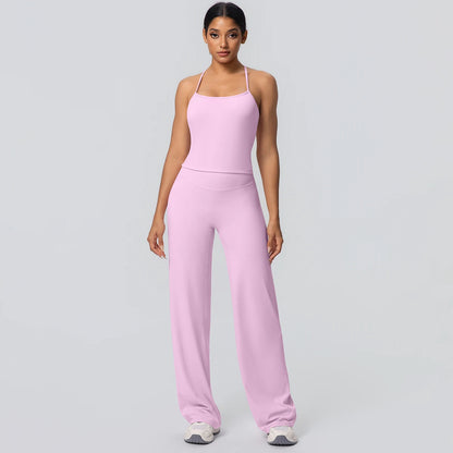 2Pieces Solid Color Gym Sports Yoga Set for Women Sexy Beautiful Back Strap Vest Workout Top Breathable Wide Leg Pants Yoga Suit