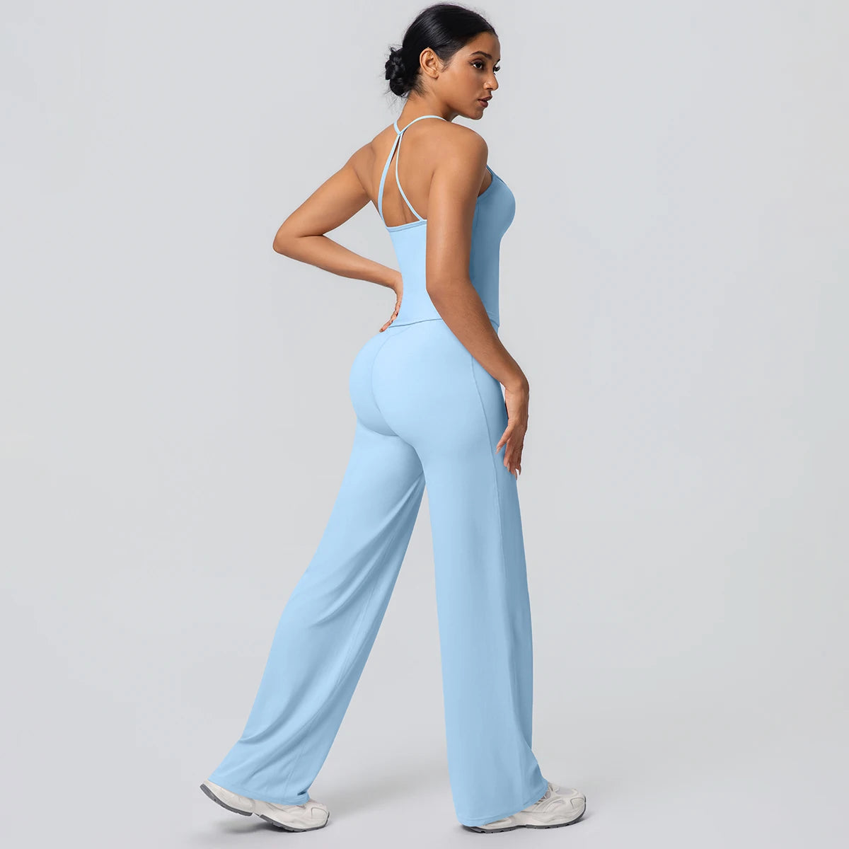 2Pieces Solid Color Gym Sports Yoga Set for Women Sexy Beautiful Back Strap Vest Workout Top Breathable Wide Leg Pants Yoga Suit
