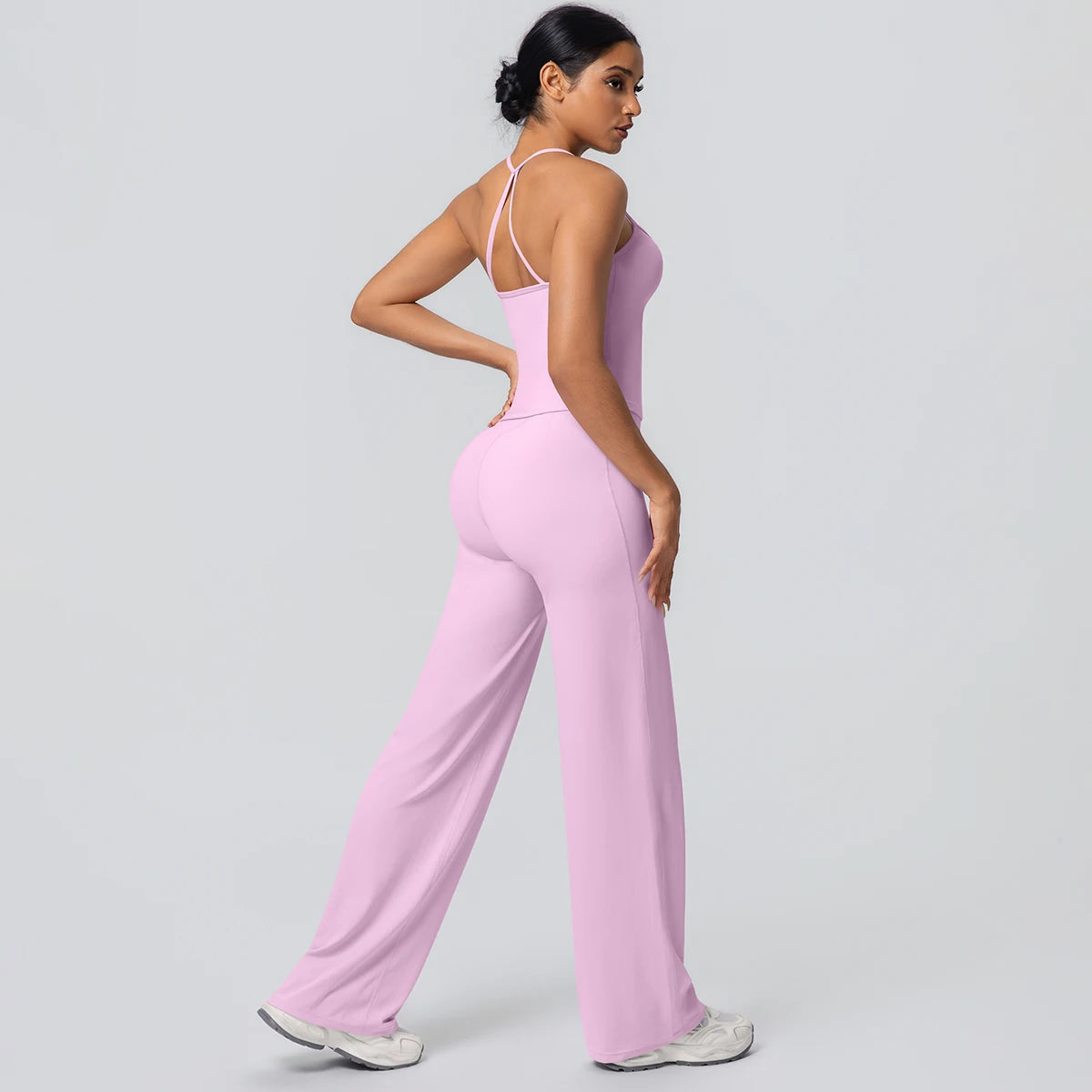 2Pieces Solid Color Gym Sports Yoga Set for Women Sexy Beautiful Back Strap Vest Workout Top Breathable Wide Leg Pants Yoga Suit