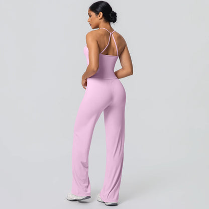 2Pieces Solid Color Gym Sports Yoga Set for Women Sexy Beautiful Back Strap Vest Workout Top Breathable Wide Leg Pants Yoga Suit