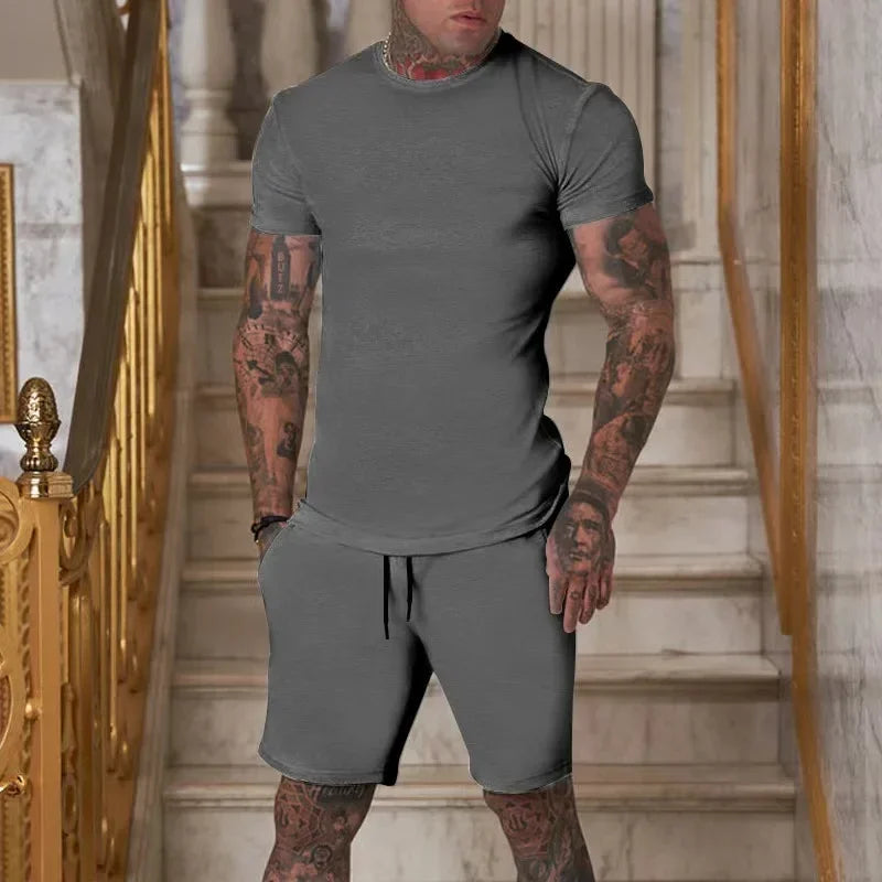 2025 summer new men's breathable sportswear short sleeved t-shirt and shorts set popular quick drying clothing