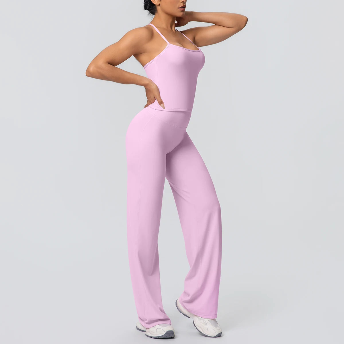 2Pieces Solid Color Gym Sports Yoga Set for Women Sexy Beautiful Back Strap Vest Workout Top Breathable Wide Leg Pants Yoga Suit