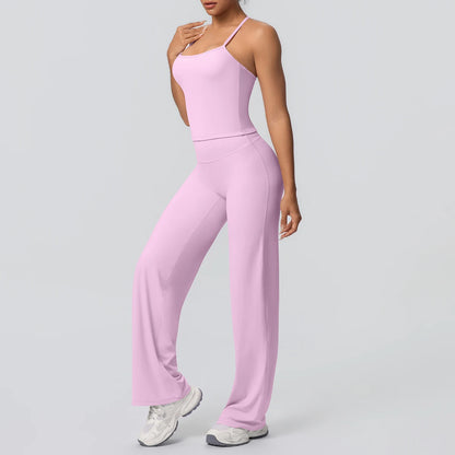 2Pieces Solid Color Gym Sports Yoga Set for Women Sexy Beautiful Back Strap Vest Workout Top Breathable Wide Leg Pants Yoga Suit