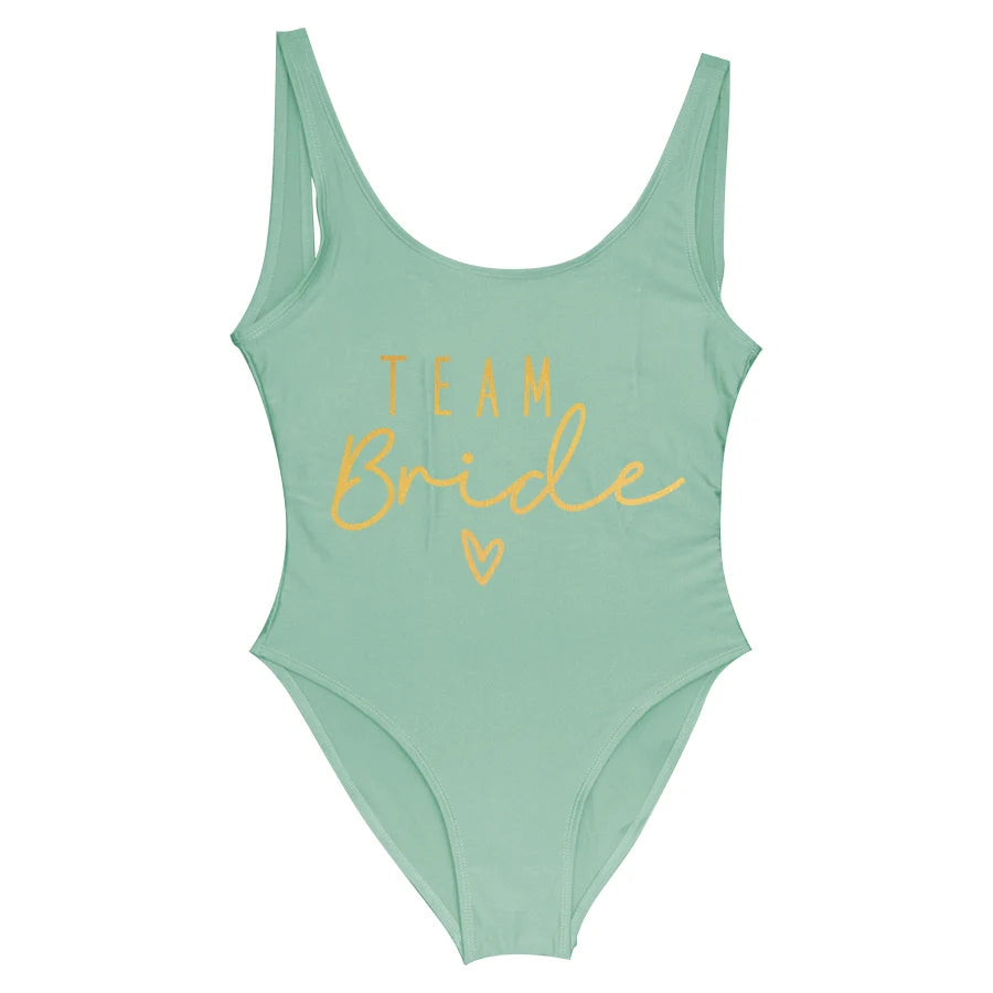 S-3XL Green Print Team Bride One-Piece Swimsuit Squad Women Swimwear Bachelorette Party Swimsuit Summer Beatchwear Bathing Suit