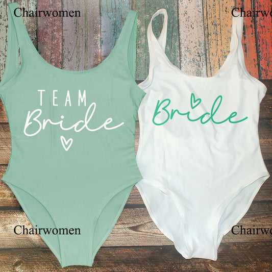 S-3XL Green Print Team Bride One-Piece Swimsuit Squad Women Swimwear Bachelorette Party Swimsuit Summer Beatchwear Bathing Suit