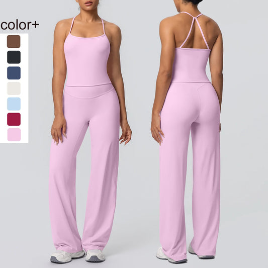 2Pieces Solid Color Gym Sports Yoga Set for Women Sexy Beautiful Back Strap Vest Workout Top Breathable Wide Leg Pants Yoga Suit