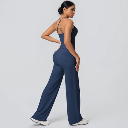 2Pieces Solid Color Gym Sports Yoga Set for Women Sexy Beautiful Back Strap Vest Workout Top Breathable Wide Leg Pants Yoga Suit