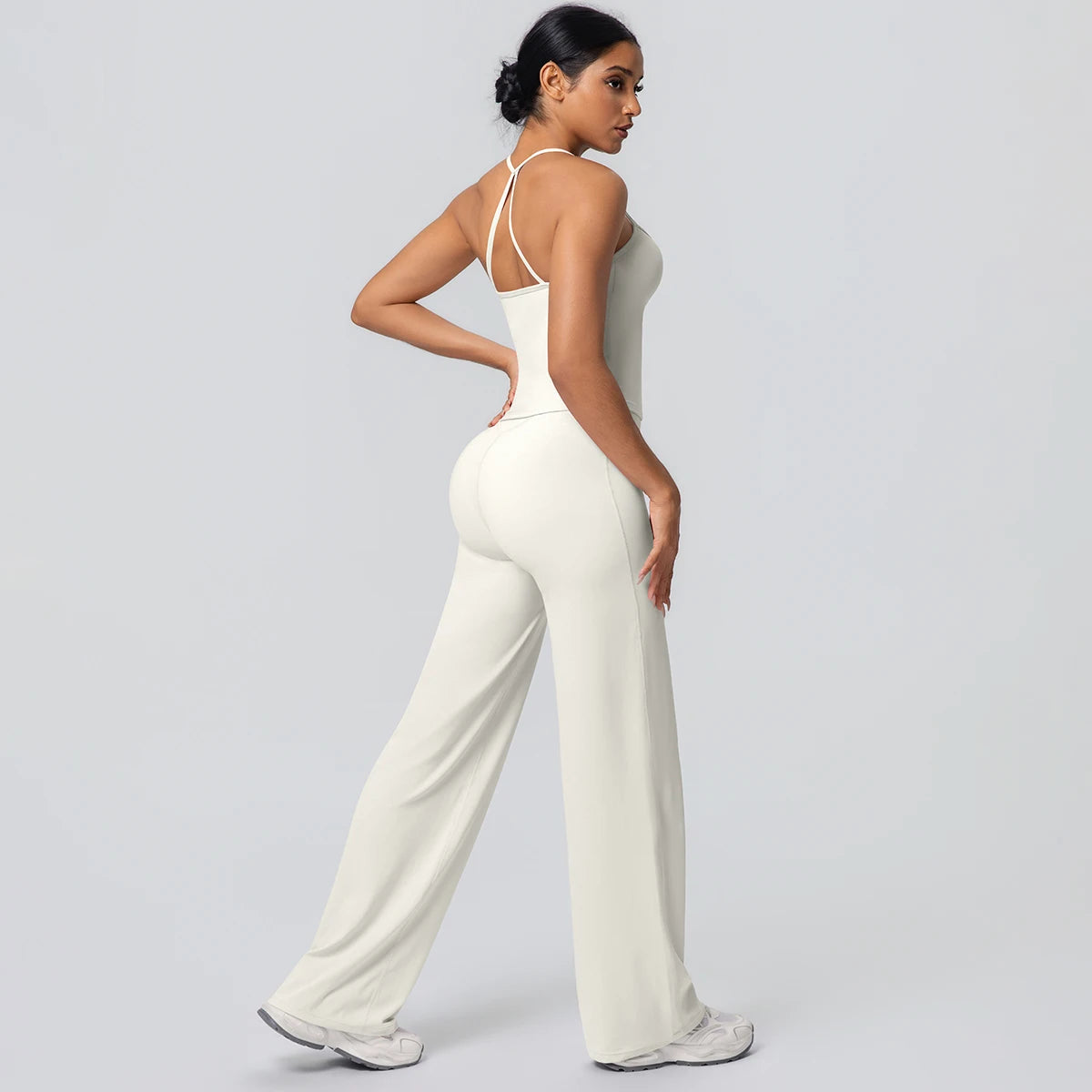 2Pieces Solid Color Gym Sports Yoga Set for Women Sexy Beautiful Back Strap Vest Workout Top Breathable Wide Leg Pants Yoga Suit
