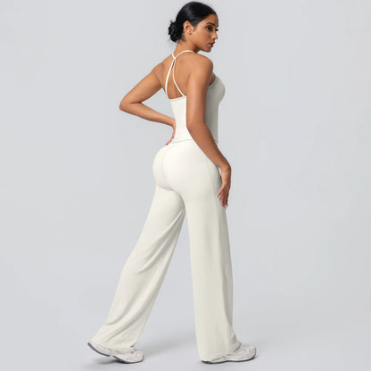 2Pieces Solid Color Gym Sports Yoga Set for Women Sexy Beautiful Back Strap Vest Workout Top Breathable Wide Leg Pants Yoga Suit