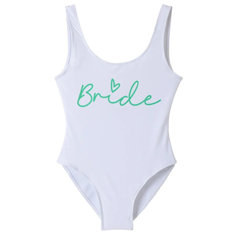 S-3XL Green Print Team Bride One-Piece Swimsuit Squad Women Swimwear Bachelorette Party Swimsuit Summer Beatchwear Bathing Suit