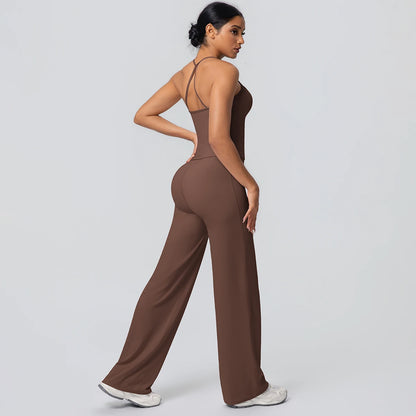 2Pieces Solid Color Gym Sports Yoga Set for Women Sexy Beautiful Back Strap Vest Workout Top Breathable Wide Leg Pants Yoga Suit