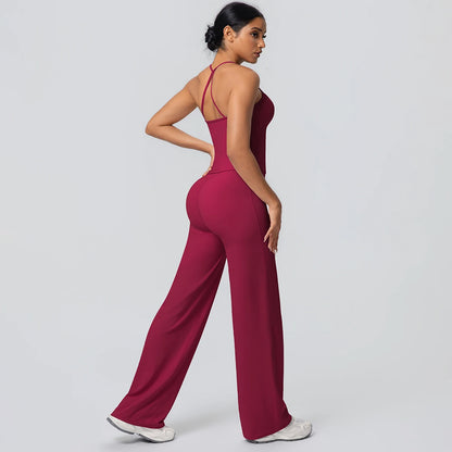 2Pieces Solid Color Gym Sports Yoga Set for Women Sexy Beautiful Back Strap Vest Workout Top Breathable Wide Leg Pants Yoga Suit