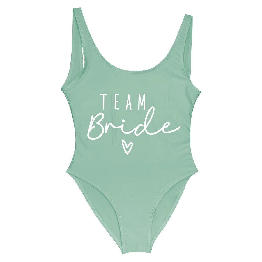S-3XL Green Print Team Bride One-Piece Swimsuit Squad Women Swimwear Bachelorette Party Swimsuit Summer Beatchwear Bathing Suit