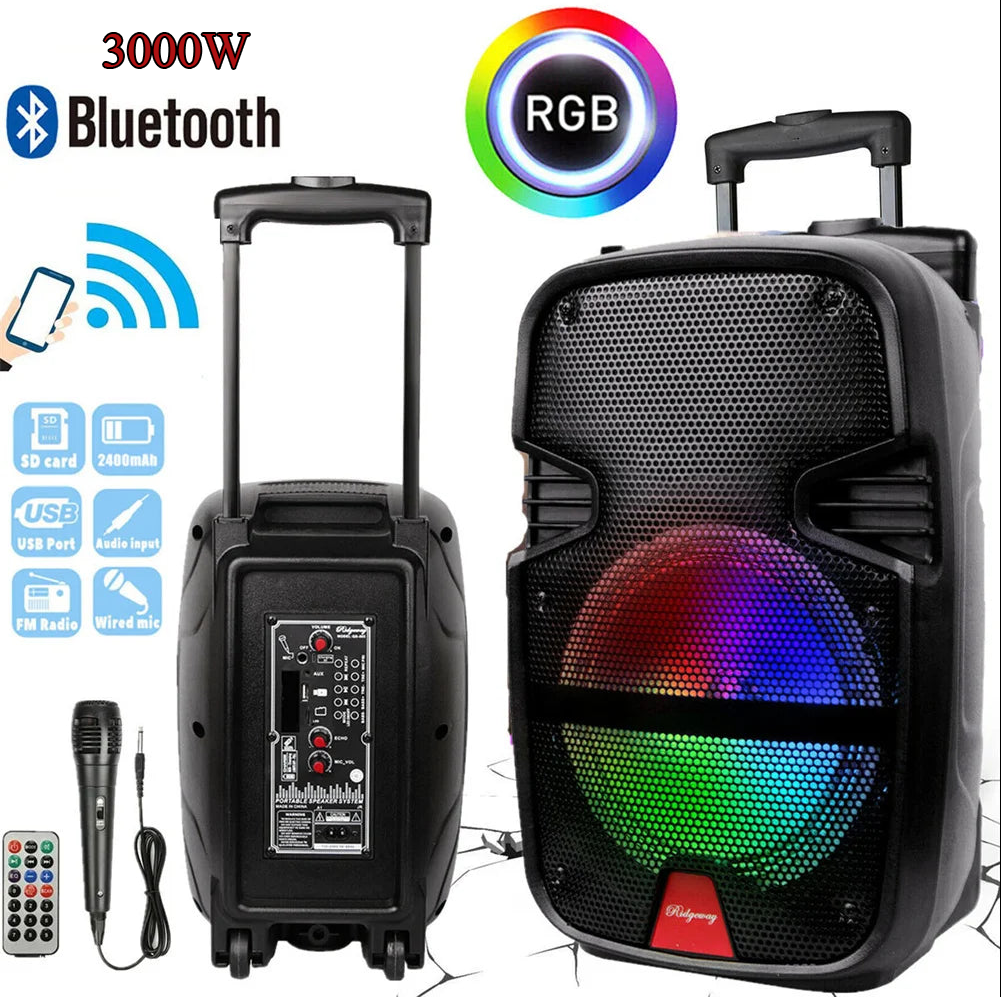 3000 Watts RGB Wireless Portable Party Bluetooth Speaker With Microphone & Remote 8" Subwoofer High Quality Big Sound